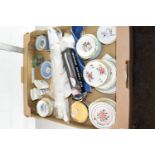 BOX CONTAINING QTY OF VARIOUS CERAMICS INCLUDING CROWN STAFFORDSHIRE PIN TRAYS, ROYAL WORCESTER,
