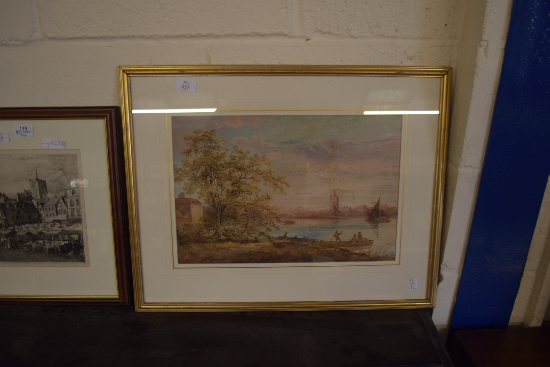 FRAMED WATERCOLOUR DEPICTING A RIVER SCENE, APPROX 29 X 43CM