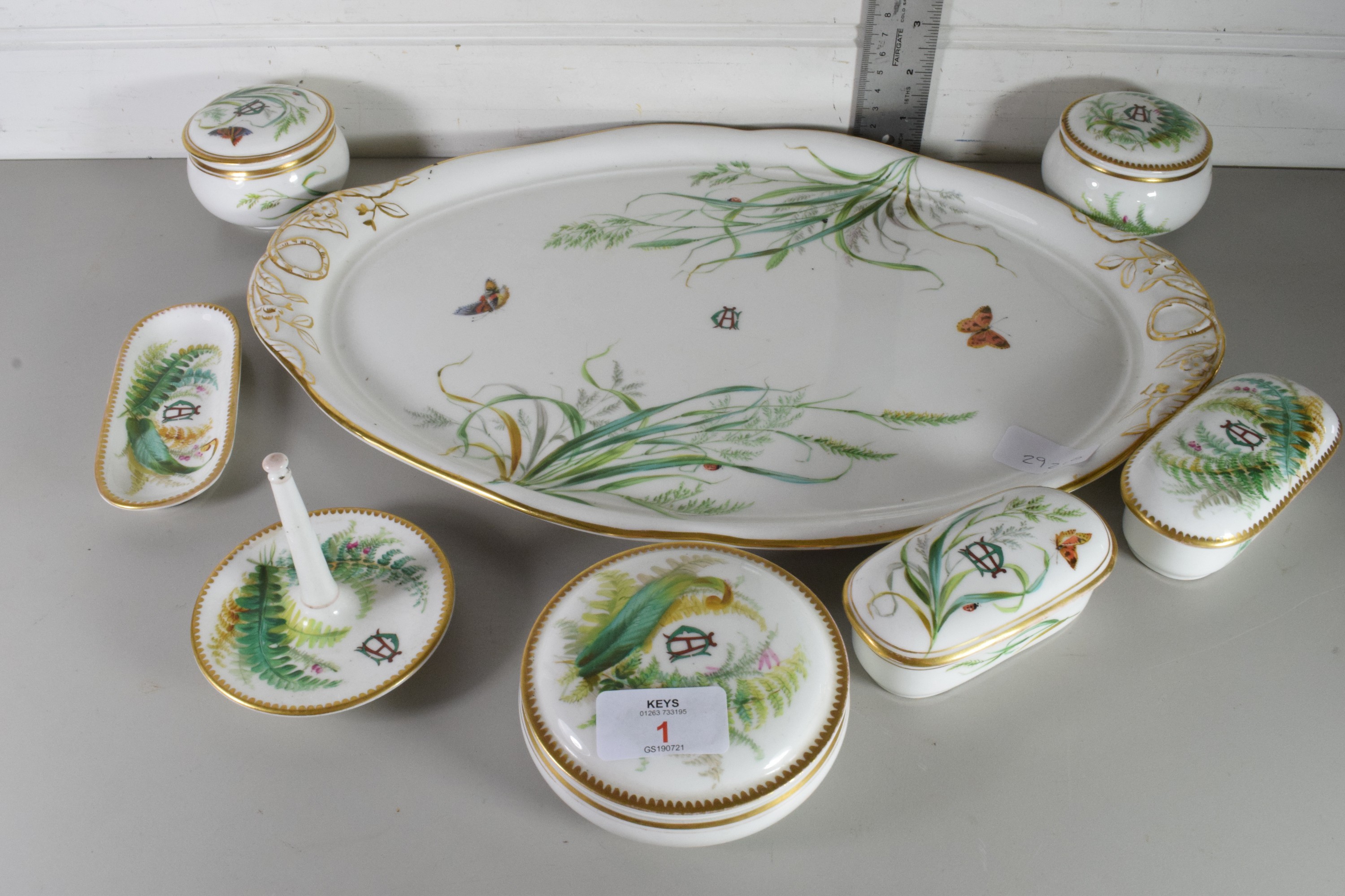 GILT RIMMED HAND PAINTED DRESSING TABLE SET DECORATED WITH BIRDS, BUTTERFLIES AND FLORA