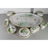 GILT RIMMED HAND PAINTED DRESSING TABLE SET DECORATED WITH BIRDS, BUTTERFLIES AND FLORA