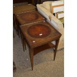 PAIR OF LEATHER INSET REPRODUCTION SIDE TABLES, EACH APPROX 50CM SQUARE