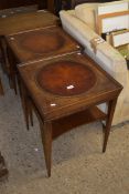 PAIR OF LEATHER INSET REPRODUCTION SIDE TABLES, EACH APPROX 50CM SQUARE