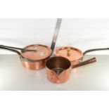 THREE VARIOUS COPPER COOKING PANS