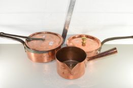 THREE VARIOUS COPPER COOKING PANS