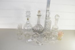 QTY OF CUT AND ENGRAVED GLASS WARES, DECANTERS ETC