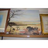 OIL ON CANVAS - AFRICAN VISTA WITH ELEPHANTS BEARING SIGNATURE R HANNAWAY, APPROX 52 X 62CM (