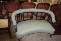 VICTORIAN UPHOLSTERED TWO-SEATER SOFA WITH TURNED SUPPORTS TO GALLERIED BACK REST, WIDTH APPROX