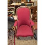 VICTORIAN UPHOLSTERED ARMCHAIR, WIDTH APPROX 57CM
