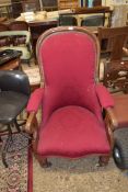 VICTORIAN UPHOLSTERED ARMCHAIR, WIDTH APPROX 57CM