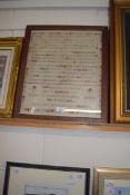 FRAMED SAMPLER DATED 1907, FRAME WIDTH APPROX 41CM