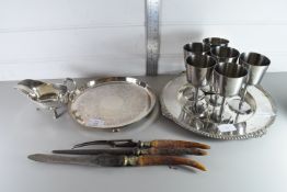 QTY OF METAL WARES INCLUDING GOBLETS, SAUCE BOAT ETC