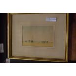 TWO FRAMED PRINTS TOGETHER WITH A MXIED MEDIA ABSTRACT, STILL LIFE OF FRUIT BEARING SIGNATURE E