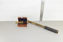 VINTAGE BRASS THREE DRAWER TELESCOPE TOGETHER WITH A BOXED MODEL MODERN EXAMPLE