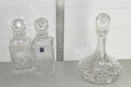 THREE VARIOUS DECANTERS VIZ PAIR OF EDINBURGH CRYSTAL DECANTERS AND A FURTHER SIMILAR SHIP'S