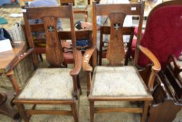 PAIR OF OAK UPHOLSTERED HALL CHAIRS, EACH WIDTH APPROX 61CM MAX