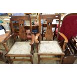 PAIR OF OAK UPHOLSTERED HALL CHAIRS, EACH WIDTH APPROX 61CM MAX