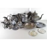 QTY OF PEWTER WARES INCLUDING TEA POTS, JUGS ETC