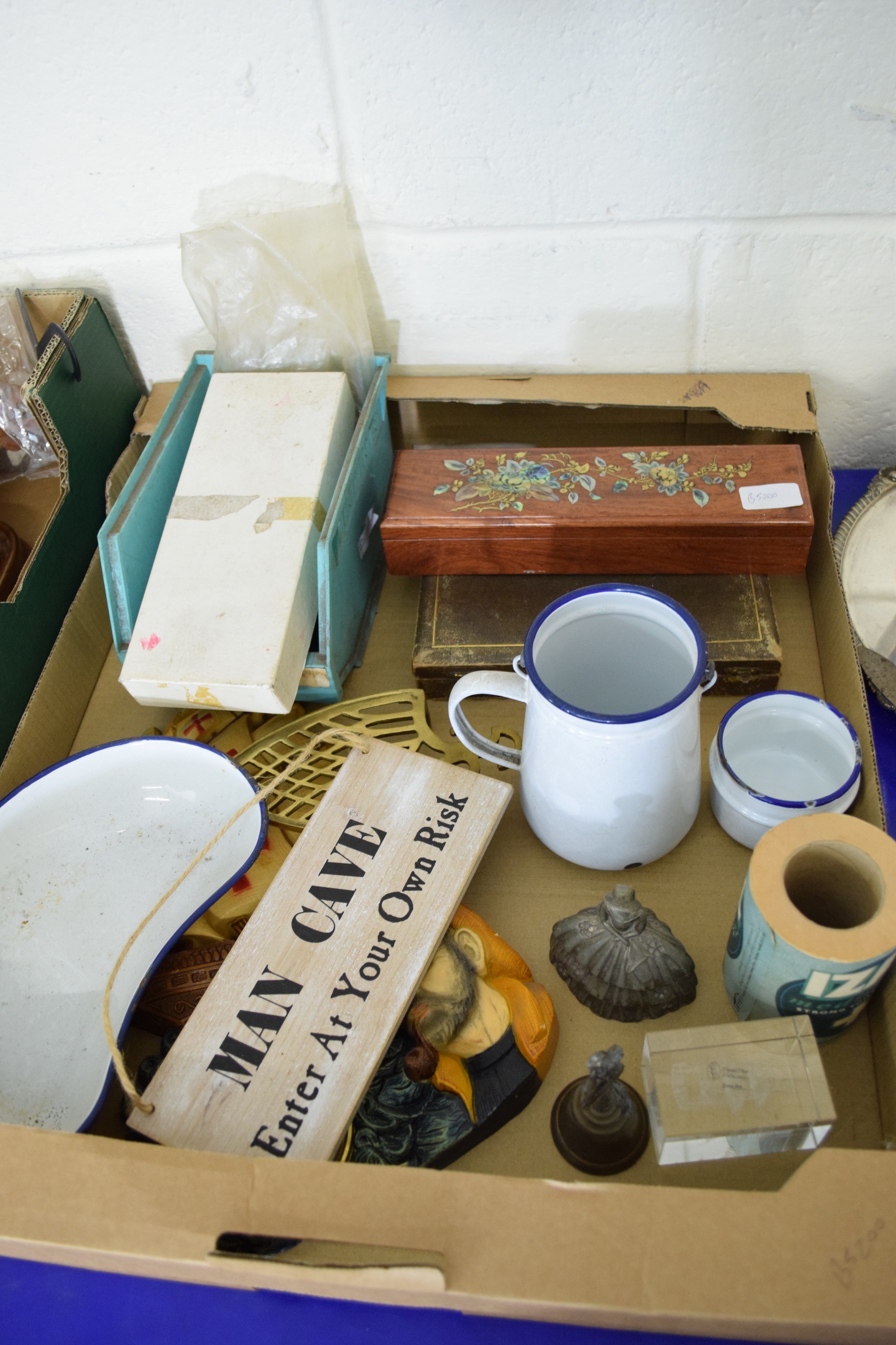 BOX CONTAINING TREEN MOULDED BAROMETER ETC