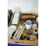 BOX CONTAINING TREEN MOULDED BAROMETER ETC