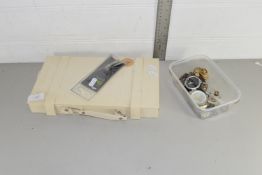 BOX CONTAINING WRIST WATCHES, RINGS ETC AND JEWELLERY BOX