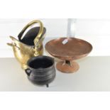 SMALL BRASS COAL SCUTTLE TOGETHER WITH AN ART NOUVEAU HAMMERED EFFECT COPPER FOOTED BOWL AND A