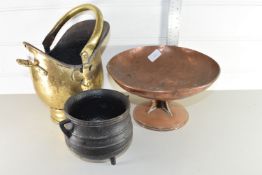 SMALL BRASS COAL SCUTTLE TOGETHER WITH AN ART NOUVEAU HAMMERED EFFECT COPPER FOOTED BOWL AND A