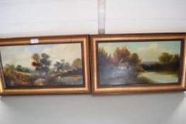 PAIR OF OILS ON BOARD, LANDSCAPES, EACH APPROX 24 X 43CM