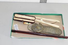 VARIOUS COLLECTABLES INCLUDING PAIR OF GLOVE STRETCHERS, CIGARETTE HOLDER CASE ETC