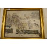 OIL ON CANVAS BEARING SIGNATURE T S LA FONTAINE, WINTER SCENE WITH HORSES, 35 X 44CM