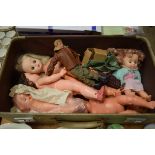 SUITCASE CONTAINING QTY OF VARIOUS VINTAGE DOLLS INCLUDING ACTION MAN, CLOTHING ETC