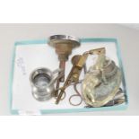 BOX CONTAINING METAL WARES INCLUDING ROTOTHERM TEMPERATURE GAUGE, WICK TRIMMERS, FIGURE OF A