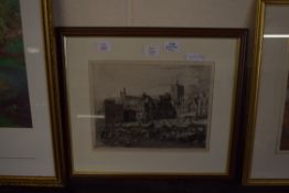 FRAMED ENGRAVING DEPICTING NORWICH MARKET WITIH ST PETER MANCROFT CHURCH, 23 X 31CM