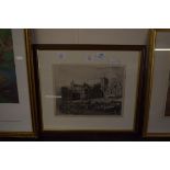 FRAMED ENGRAVING DEPICTING NORWICH MARKET WITIH ST PETER MANCROFT CHURCH, 23 X 31CM