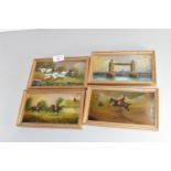 SET OF FOUR SMALL OIL PAINTINGS ON BOARD, THREE HORSE STUDIES PLUS TOWER BRIDGE, ALL SIGNED SALETTI,