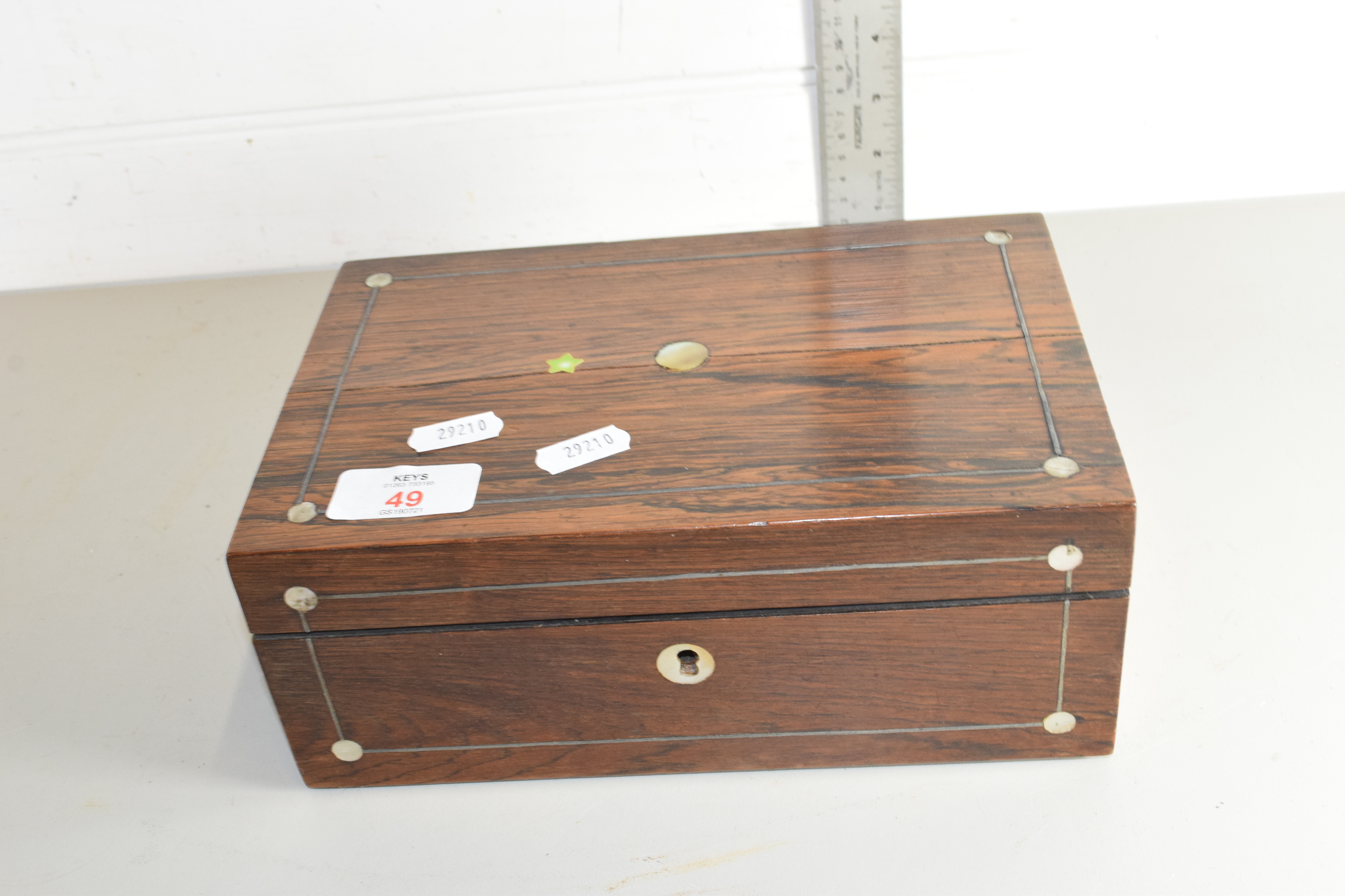 SMALL WOODEN JEWELLERY BOX, 23 X 15CM