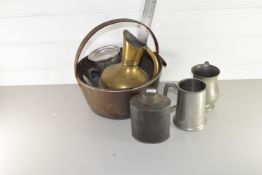 BOX OF VARIOUS METAL WARES INCLUDING JAM PAN, TANKARDS ETC