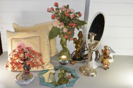 BOX CONTAINING VARIOUS HOUSEHOLD SUNDRIES INCLUDING HEAVY BRASS FIGURE OF A CHERUB HOLDING A LAMP,