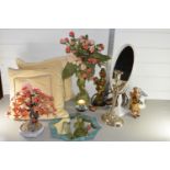 BOX CONTAINING VARIOUS HOUSEHOLD SUNDRIES INCLUDING HEAVY BRASS FIGURE OF A CHERUB HOLDING A LAMP,