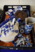 BOX CONTAINING BLUE AND WHITE CHINA INCLUDING LARGE IRONSTONE TEA POT, FIGURES, PLATES ETC