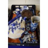 BOX CONTAINING BLUE AND WHITE CHINA INCLUDING LARGE IRONSTONE TEA POT, FIGURES, PLATES ETC