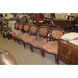 SET OF SIX VICTORIAN MAHOGANY BALLOON BACK CHAIRS WITH BUTTONED LEATHER UPHOLSTERY (A/F)