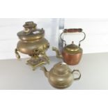 SMALL VINTAGE COPPER WATER BOILER, TOGETHER WITH TWO TEA POTS AND A SPRAYER