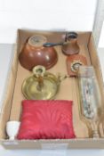 BOX CONTAINING COLLECTABLES INCLUDING MODEL SHIP IN BOTTLE, BRASS CANDLESTICK ETC