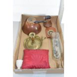 BOX CONTAINING COLLECTABLES INCLUDING MODEL SHIP IN BOTTLE, BRASS CANDLESTICK ETC