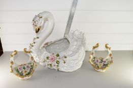IMPRESSIVE FLORAL ENCRUSTED CAPO DI MONTE FIGURE OF A SWAN, HEIGHT APPROX 42CM PLUS TWO OTHERS