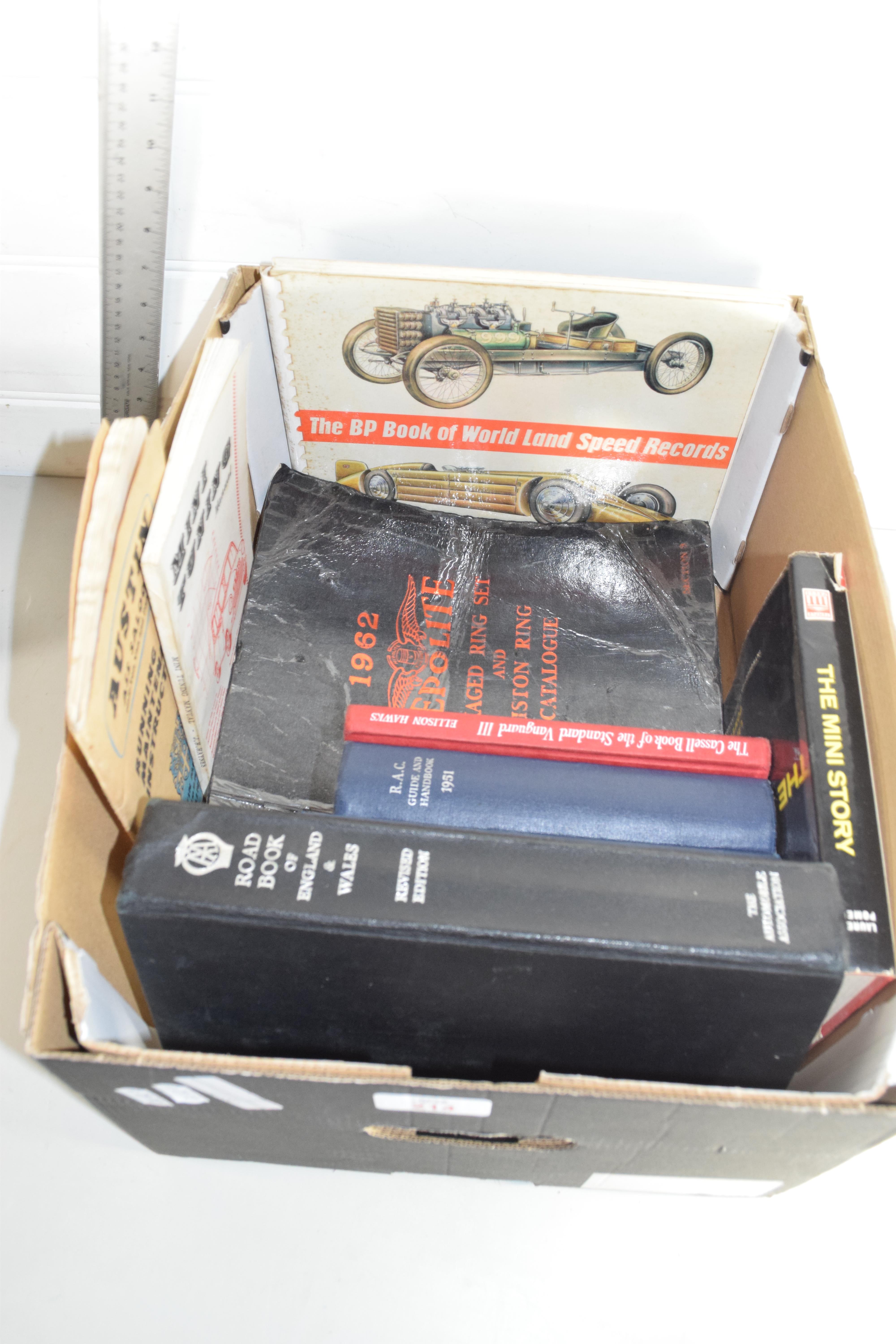 BOX CONTAINING QTY OF VARIOUS TRANSPORT INTEREST BOOKS INCLUDING RAC GUIDE BOOKS, MINI TUNING