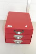 SMALL THREE DRAWER FILING UNIT CONTAINING LARGE QTY WATCH PARTS, WRIST WATCHES ETC