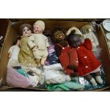 BOX CONTAINING QTY OF VARIOUS DOLLS, CLOTHES, CHILDREN'S UMBRELLAS ETC