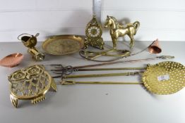 TRAY CONTAINING BRASS WARES INCLUDING CHESTNUT ROASTER, OWL, TRIVET, SMALL MODERN MANTEL CLOCK,