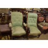 PAIR OF VICTORIAN MAHOGANY FRAMED ARMCHAIRS, EACH WIDTH APPROX 68CM MAX